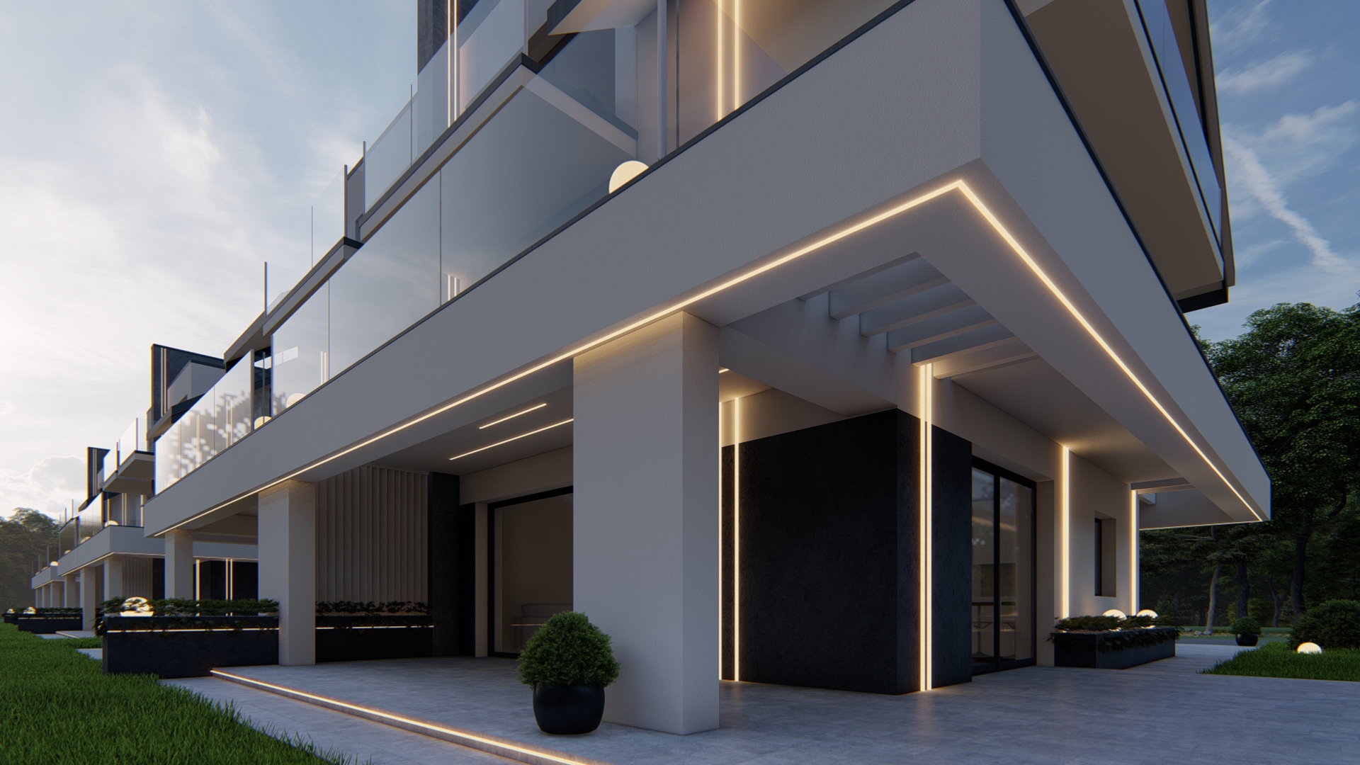 Widok z przodu pod balkonem – zbliżenie