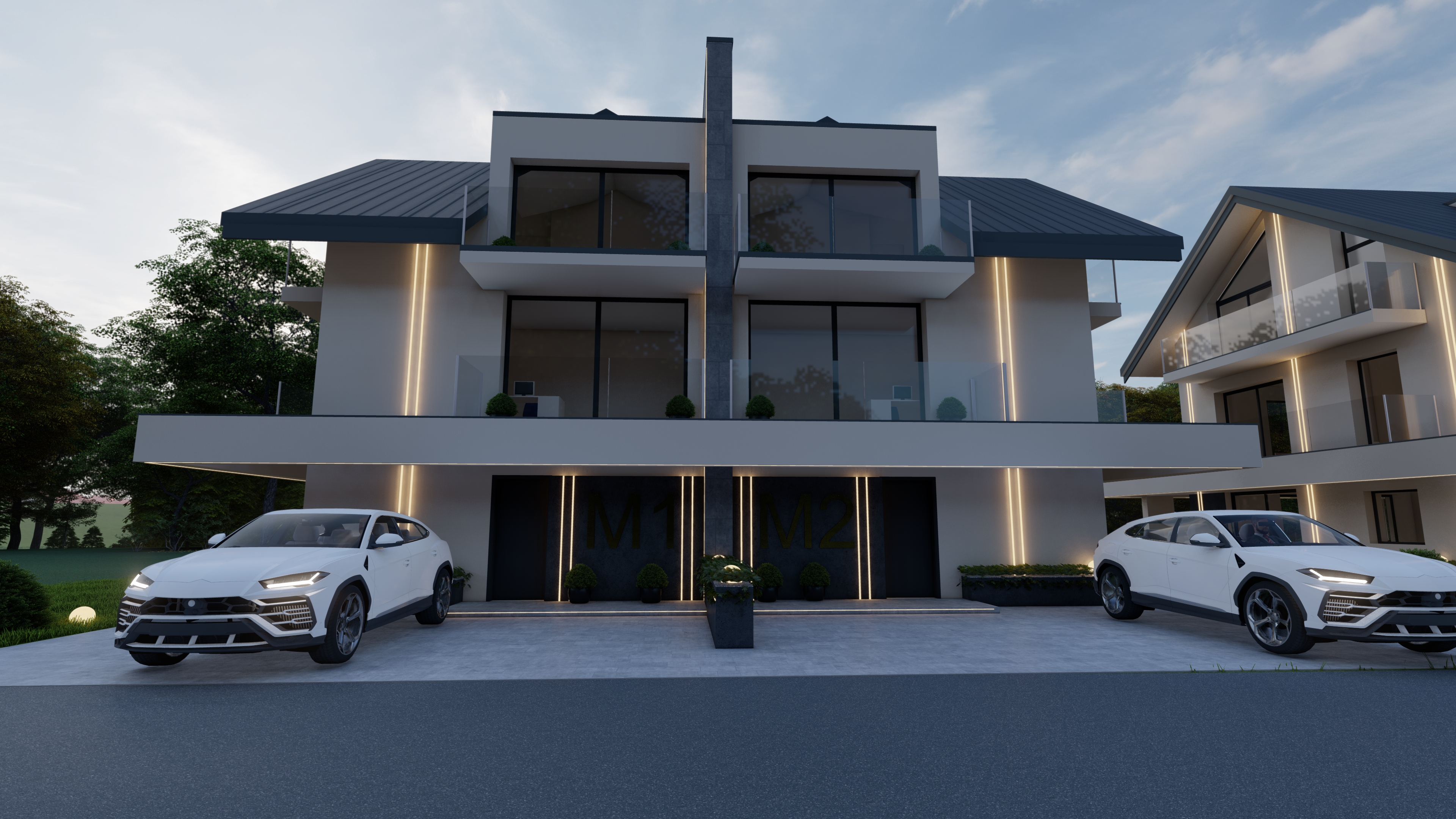 Złote Góry – widok na oba domy bliźniacze z podjazdami